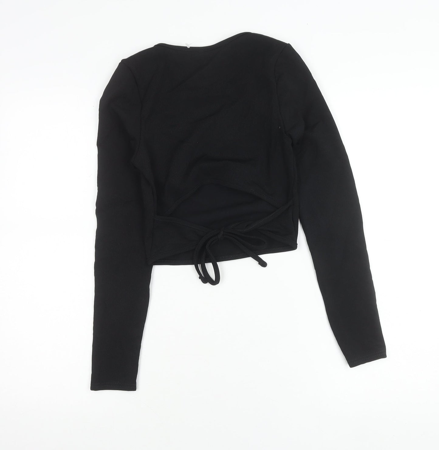 Select Women Black S Cropped Wrap Long Sleeve Square Neck Blouse