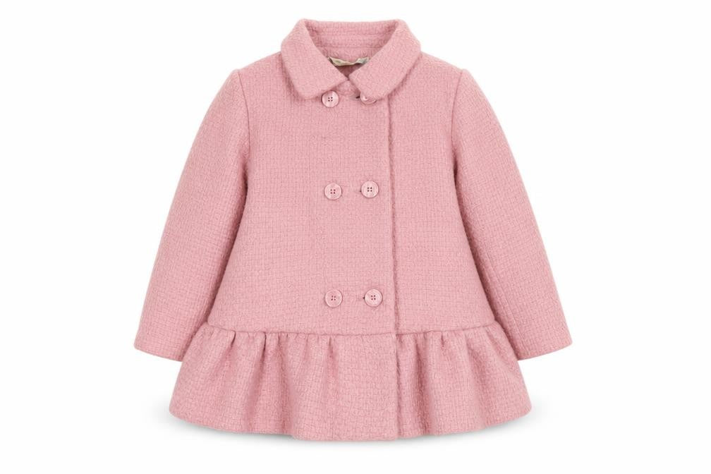 Front view of Molly n' Jack girls’ pink 3-4y double-breasted coat with ruffle hem