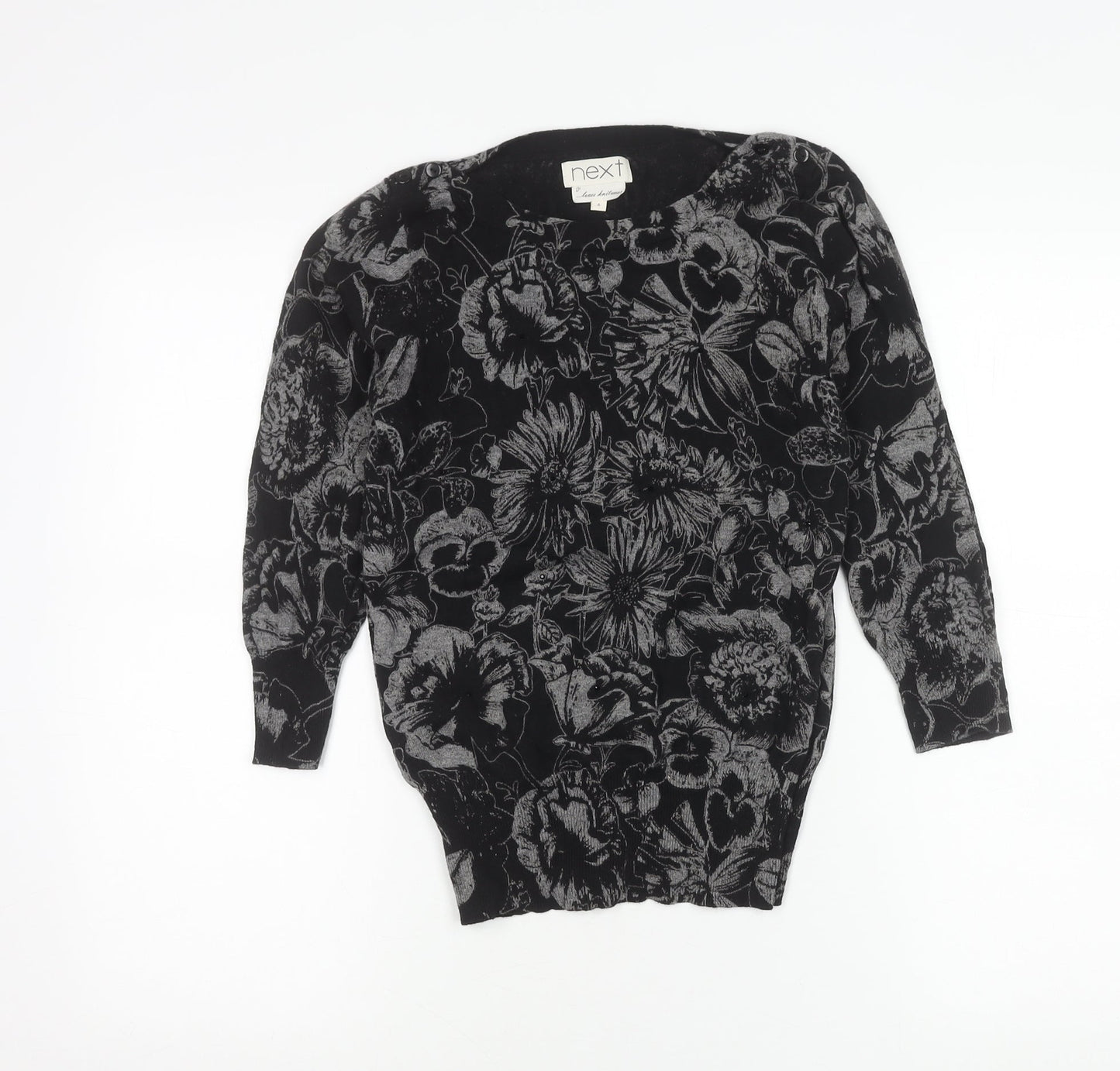 Next Women’s Black Floral Knit Tunic Blouse Size 6 Long Sleeve