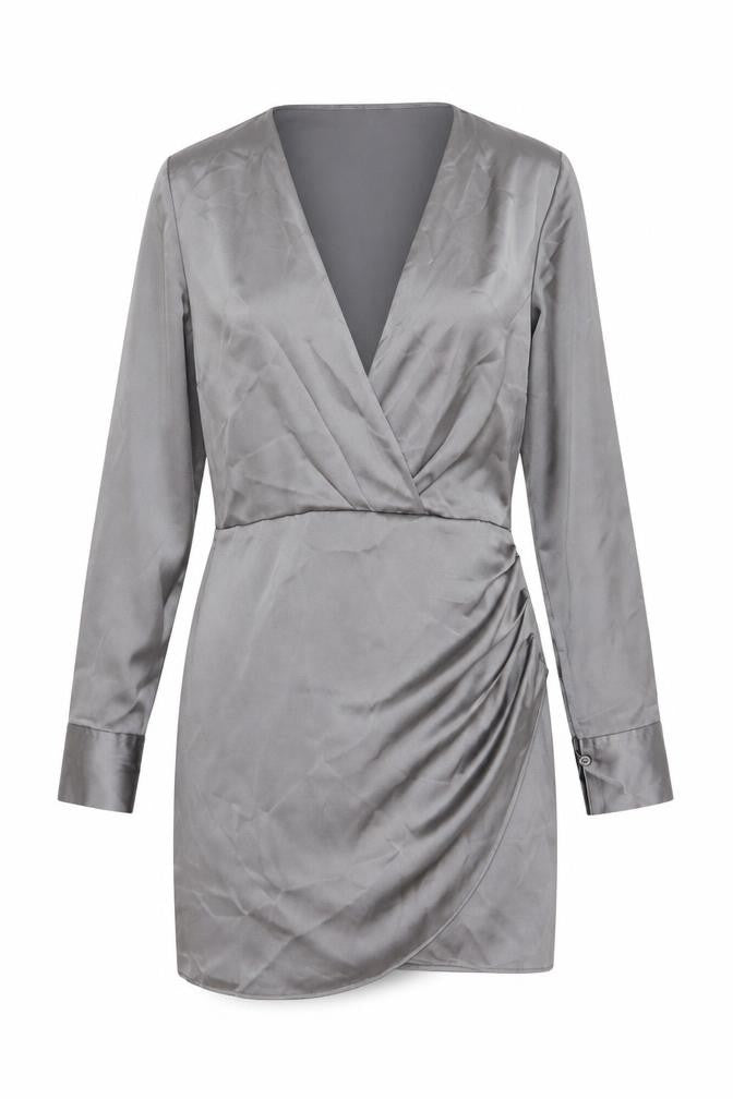 Zara Women Grey Satin Wrap Dress Size 12 Long Sleeve Party