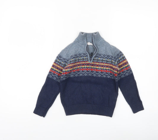 FatFace Boys Blue Fair Isle 1/4 Zip Jumper 5 Years Cotton Wool Blend