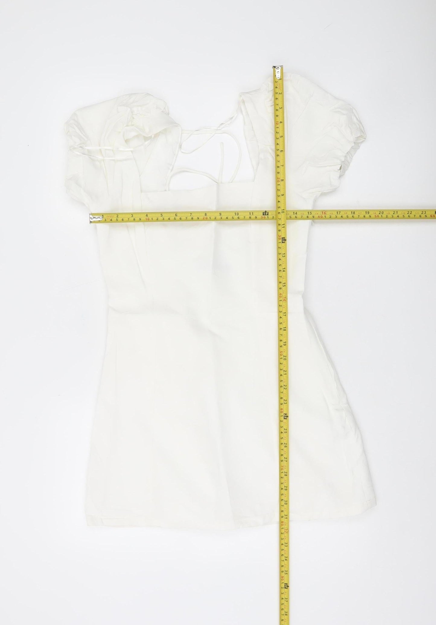 Zara Women White A-Line Short Dress Size 12 Puff Sleeve Lace Up