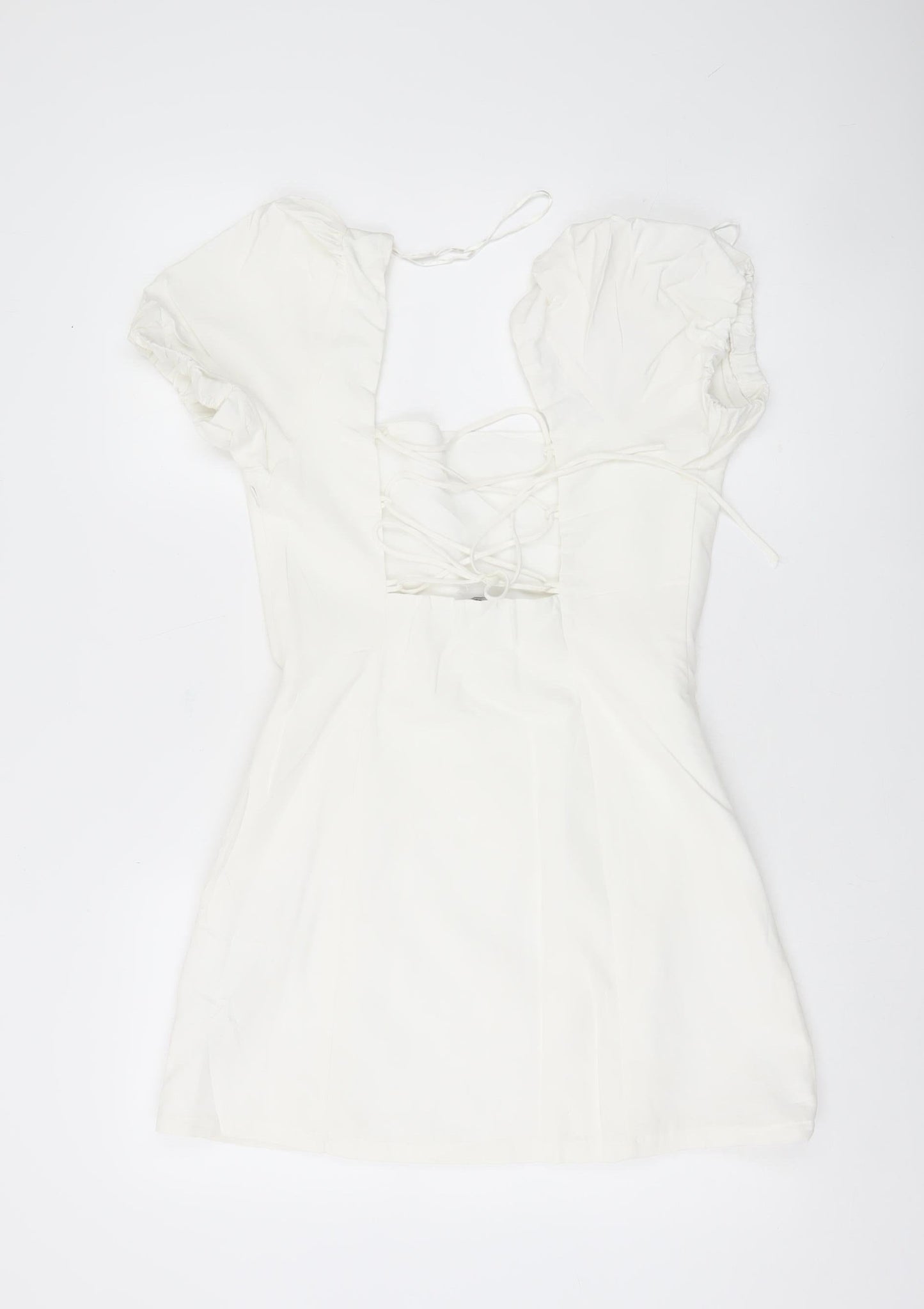 Zara Women White A-Line Short Dress Size 12 Puff Sleeve Lace Up