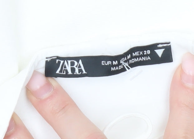 Zara Women White A-Line Short Dress Size 12 Puff Sleeve Lace Up