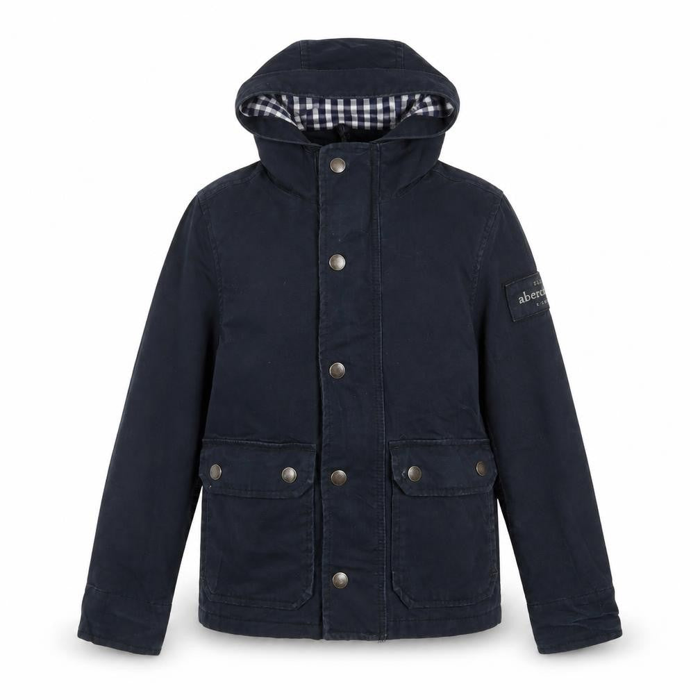 Front view of Abercrombie & Fitch boys’ blue hooded parka jacket coat, size 7-8, years