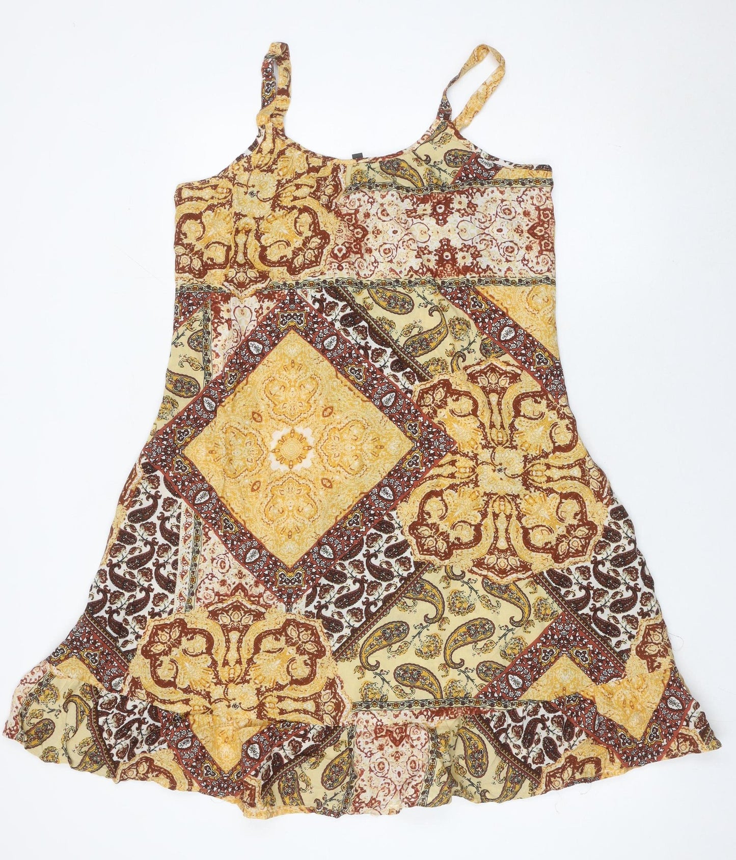 Bonmarché Women’s Yellow Brown Paisley Knee Length Slip Dress Size 10