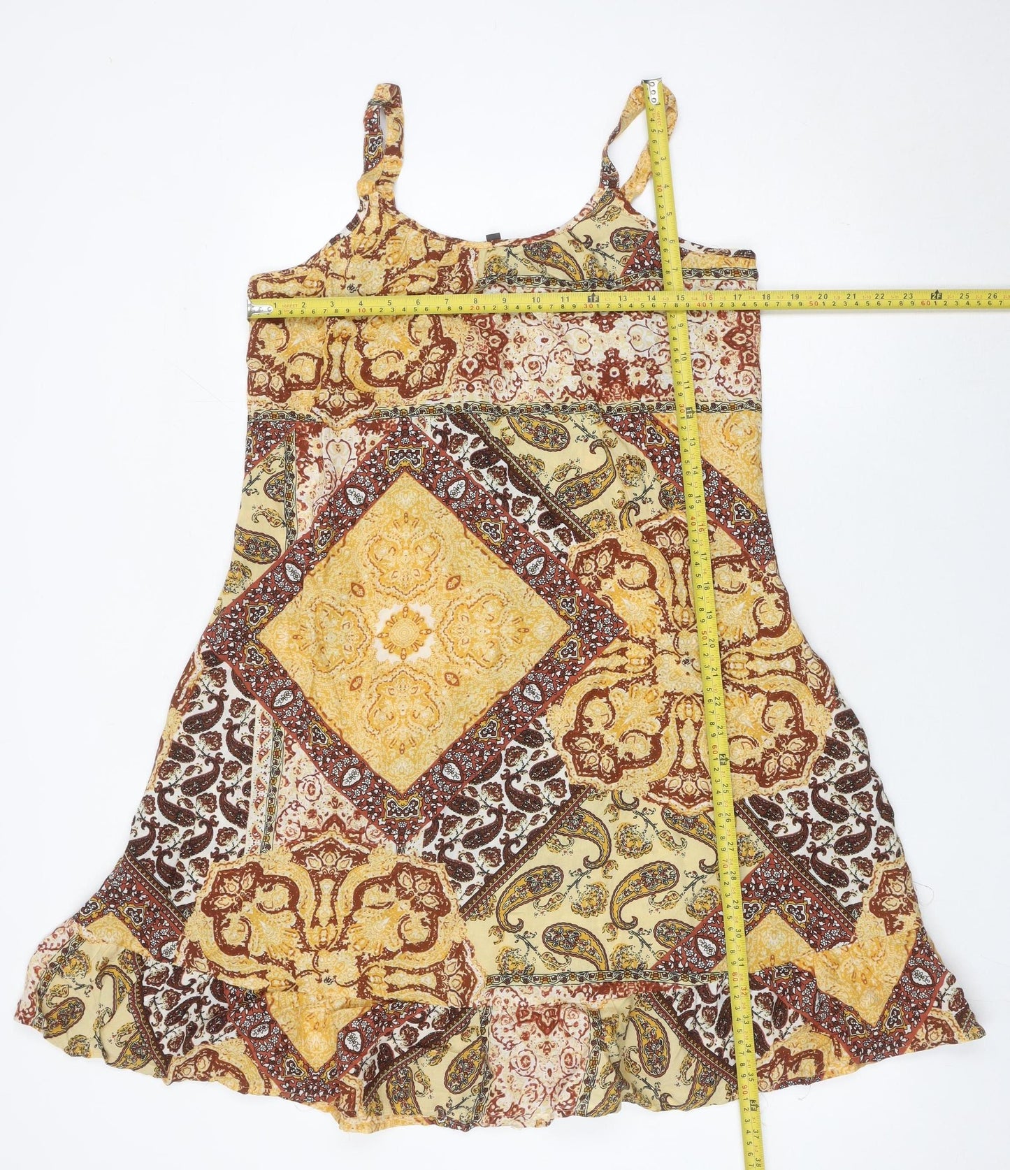 Bonmarché Women’s Yellow Brown Paisley Knee Length Slip Dress Size 10