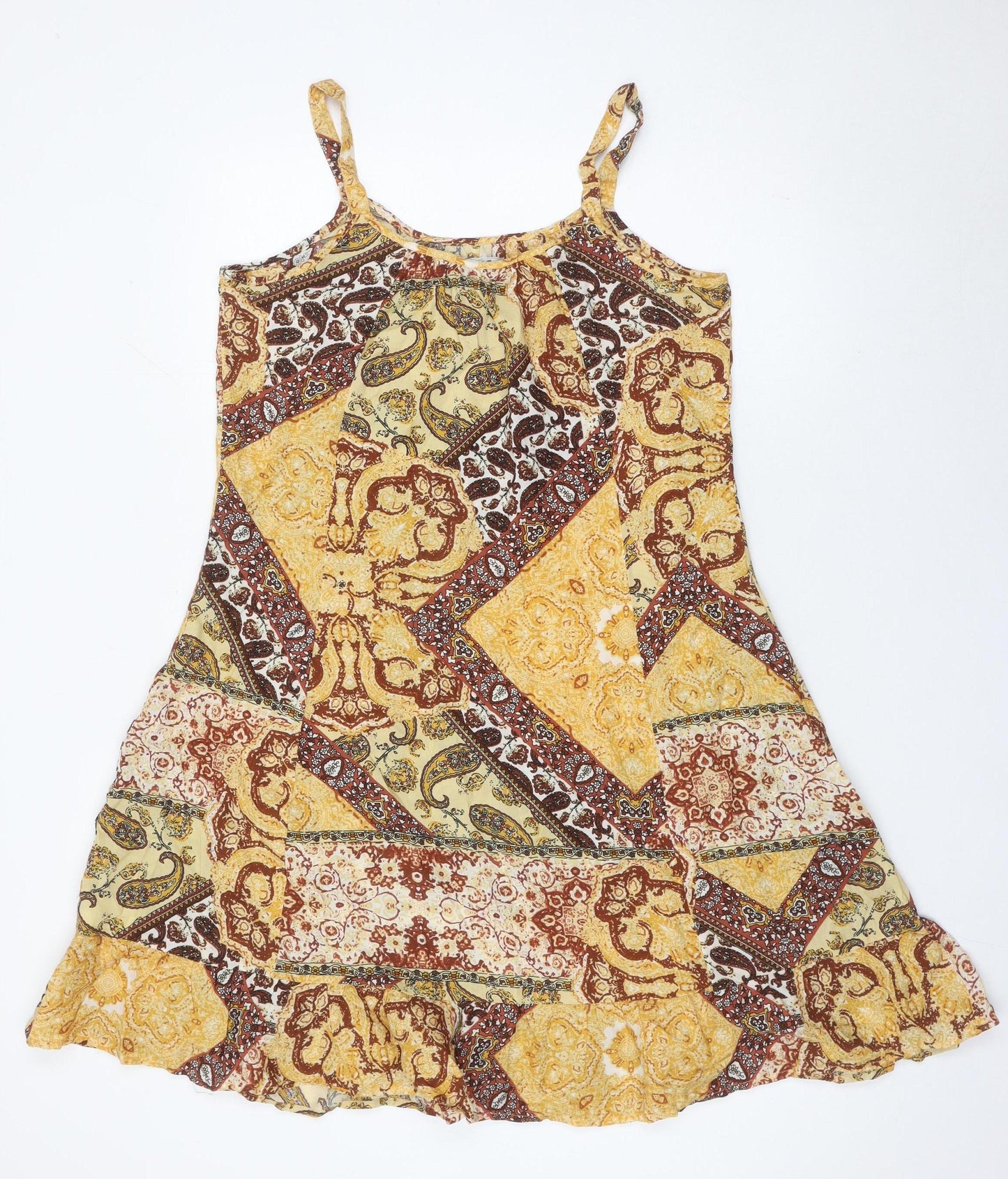 Bonmarché Women’s Yellow Brown Paisley Knee Length Slip Dress Size 10