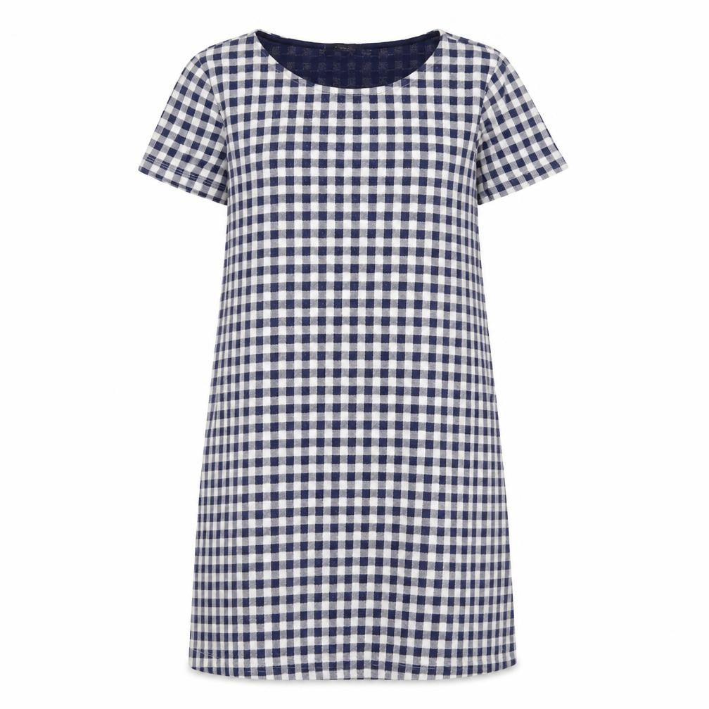 Mango Women Blue Check Shift Dress Size 8 Short Sleeve Knee Length