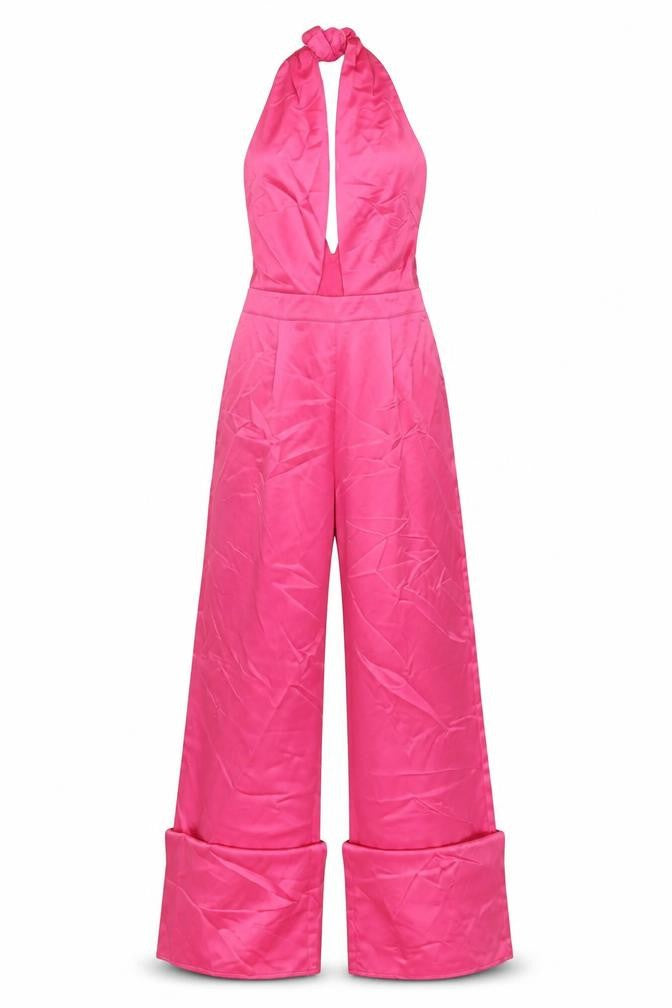 Front view of In The Style Women’s Pink Halter Wide-Leg Jumpsuit, size UK 8
