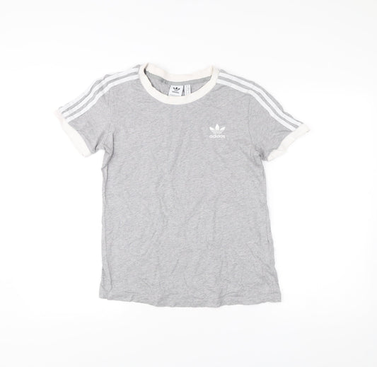 Adidas Womens Grey Ringer Logo T-Shirt UK 10 Short Sleeve Cotton