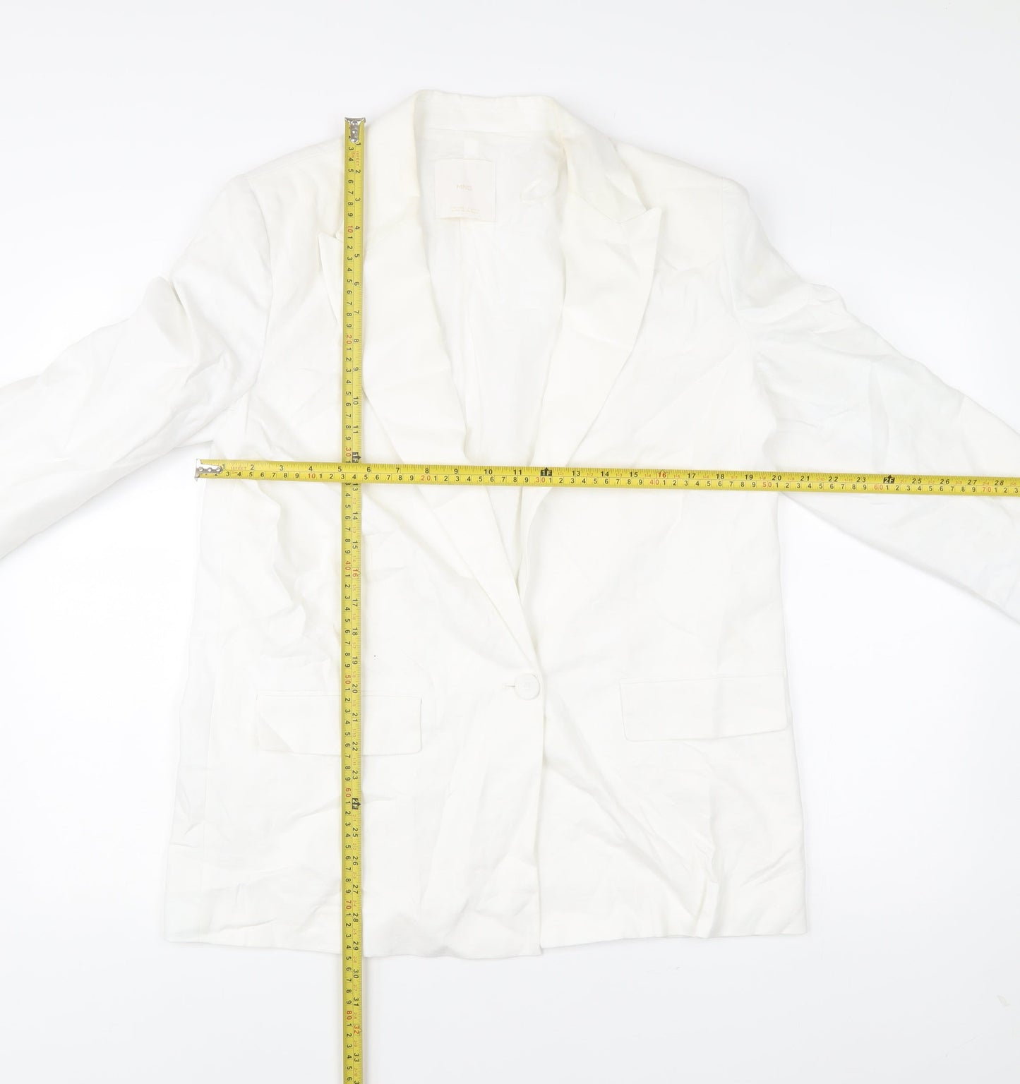 MNG Women’s White Linen Blend Blazer L Mid-Length Work Jacket