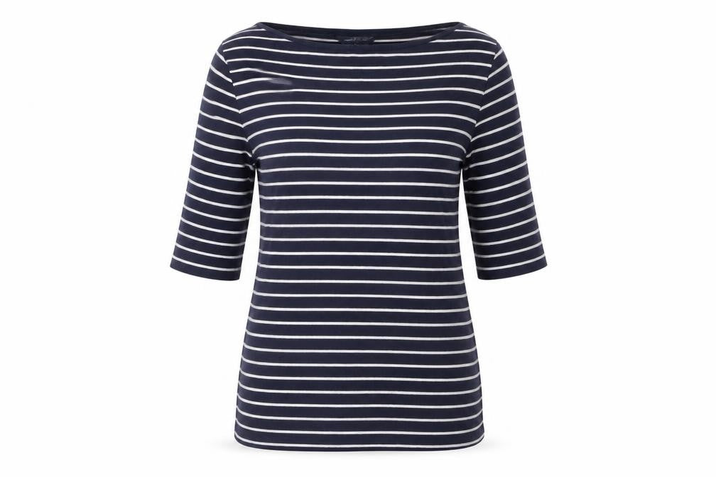 French Connection Women Blue Striped 3/4 Sleeve Boat Neck T-Shirt L