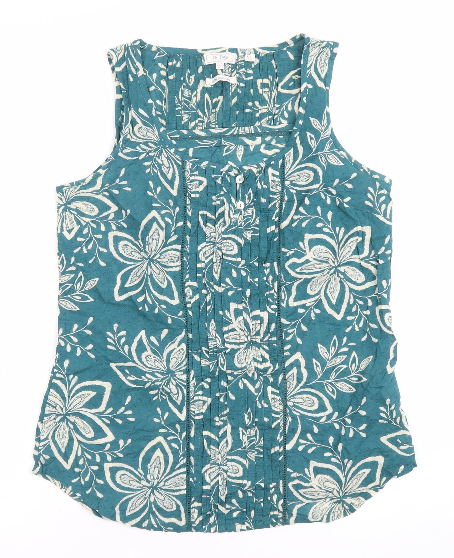Fat Face Women Green Floral Blouse Size 8 Sleeveless Tunic Cotton