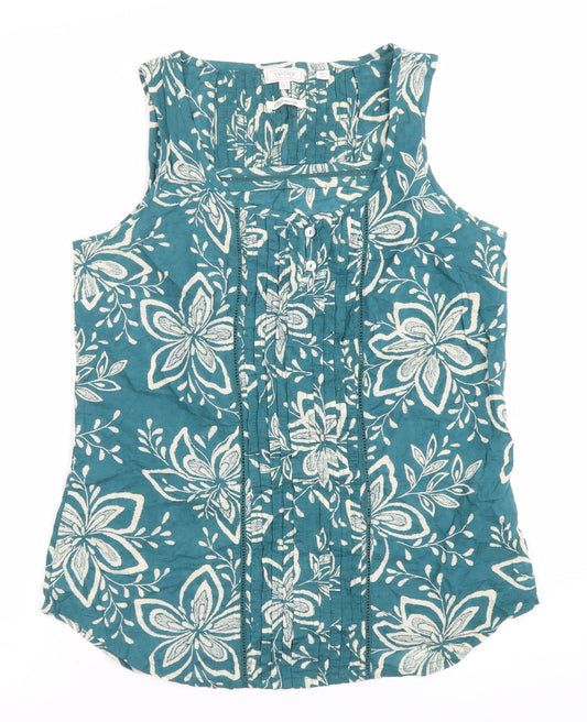 Fat Face Women Green Floral Blouse Size 8 Sleeveless Tunic Cotton