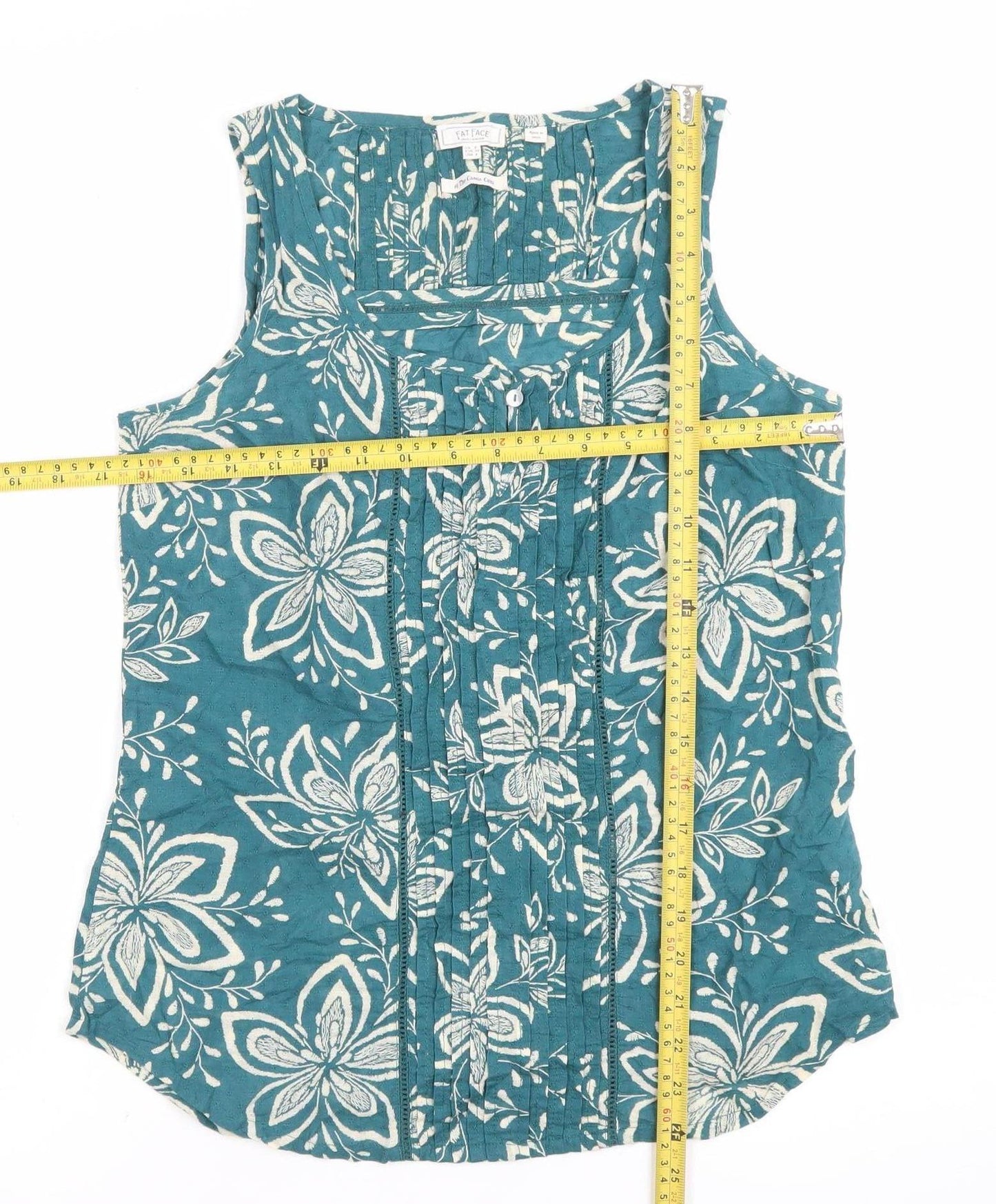 Fat Face Women Green Floral Blouse Size 8 Sleeveless Tunic Cotton