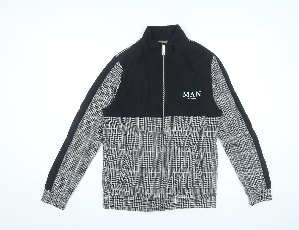Additional front view of boohooMAN Men's Black Grey Check Full Zip Sweatshirt, size S