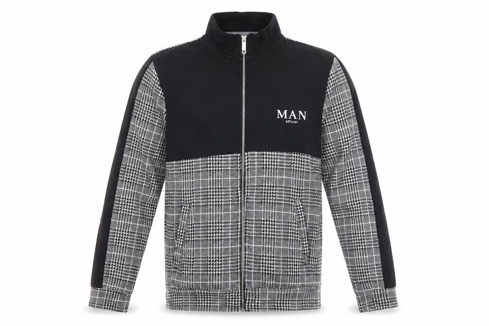 Front view of boohooMAN Men's Black Grey Check Full Zip Sweatshirt, size S