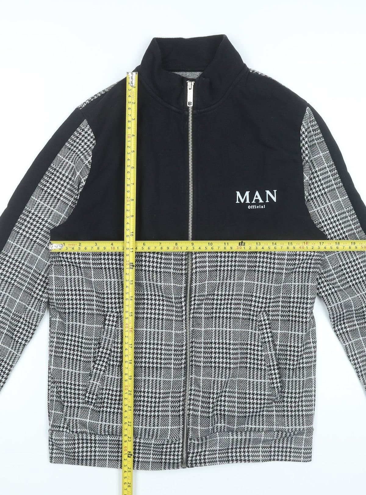 Back view of boohooMAN Men's Black Grey Check Full Zip Sweatshirt, size S