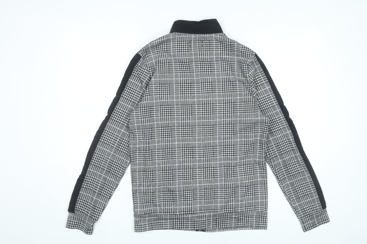 Close-up detail of boohooMAN Men's Black Grey Check Full Zip Sweatshirt, size S