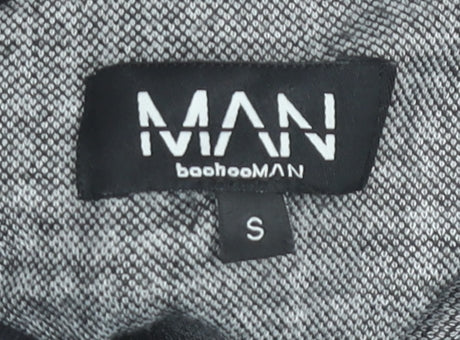 Brand and care label for boohooMAN Men's Black Grey Check Full Zip Sweatshirt, size S