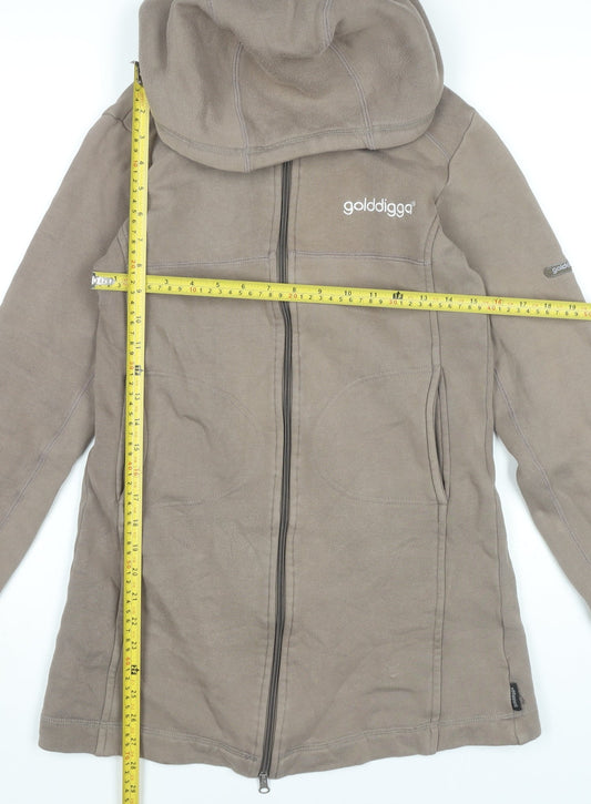 Golddigga Womens Beige Full Zip Hoodie Sweatshirt Size S 100% Cotton