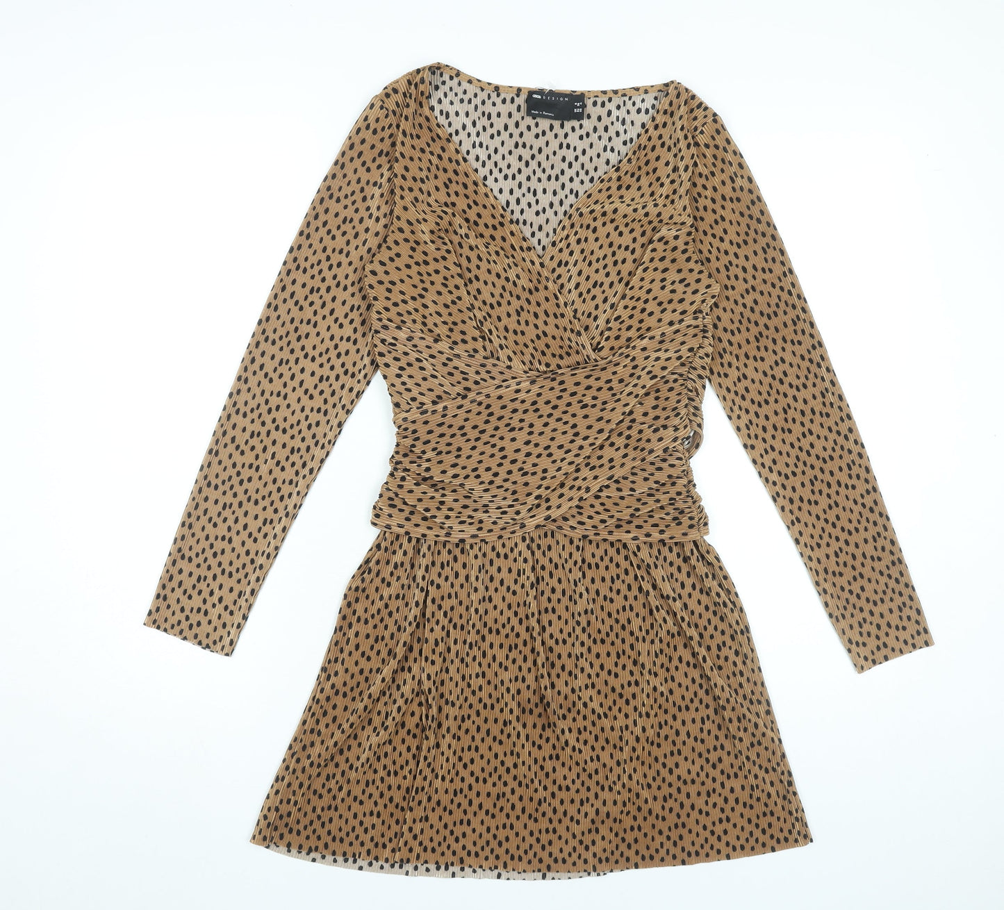 ASOS Women’s Brown Polka Dot Wrap Dress Size 8 Long Sleeve Short