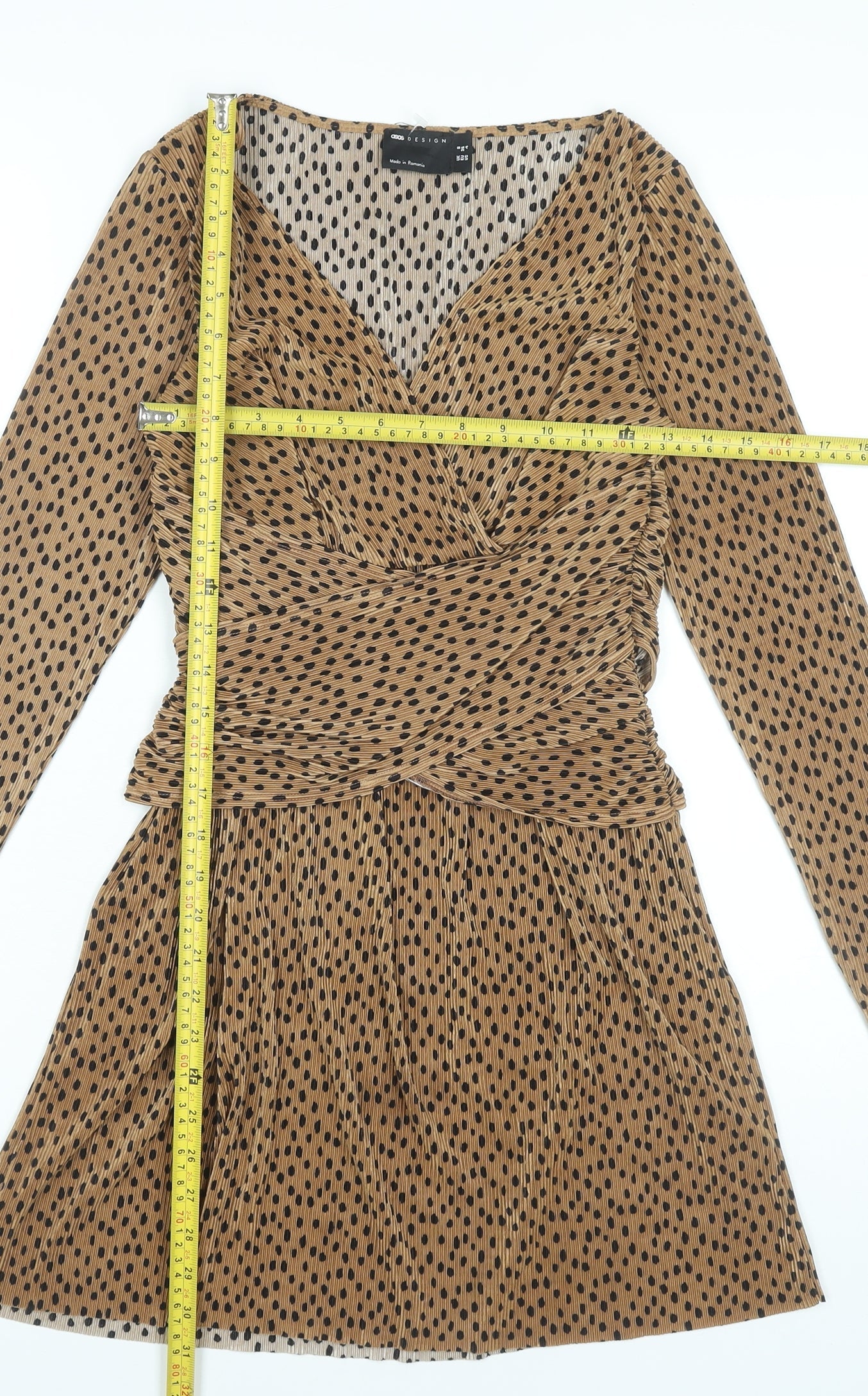 ASOS Women’s Brown Polka Dot Wrap Dress Size 8 Long Sleeve Short