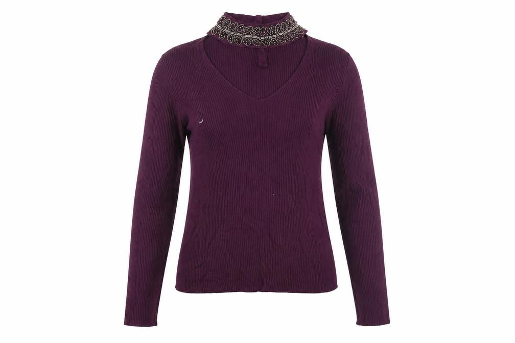 Oasis Womens Purple Beaded V-Neck Jumper Size 8 Long Sleeve Knitwear