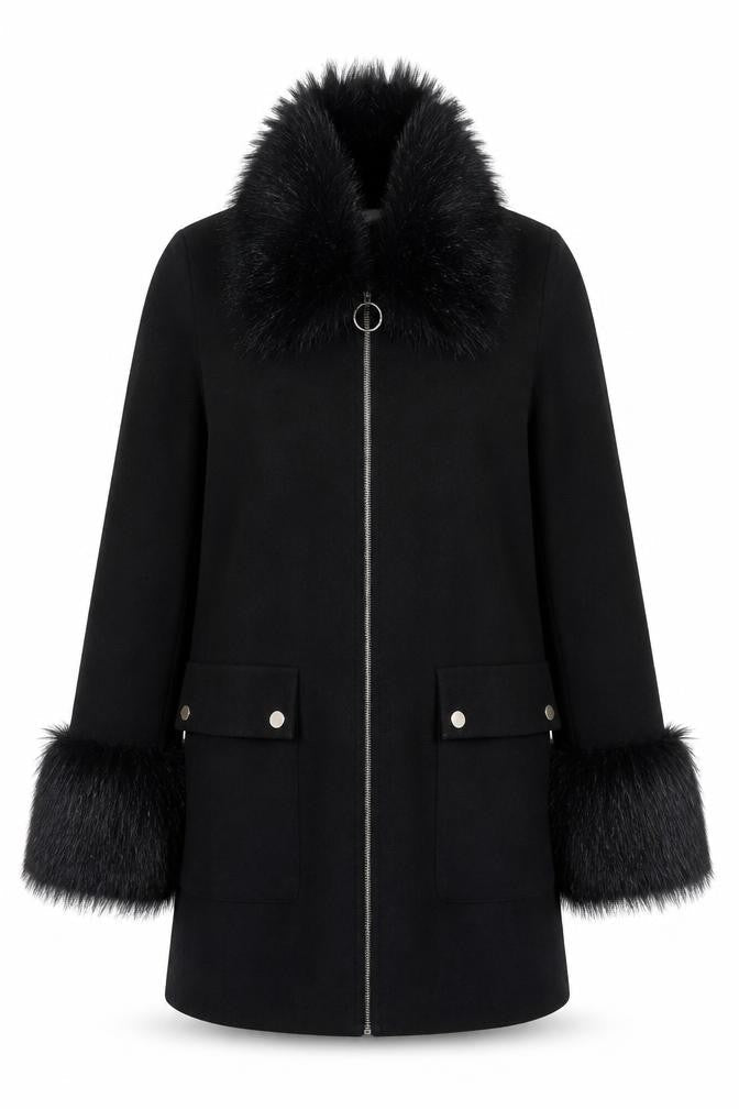 Front view of Miss Selfridge Women’s Black Faux Fur Trim Coat UK 10