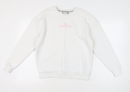 ODolls Womens White Sweatshirt Size 6 Cotton Blend Logo Crew Neck