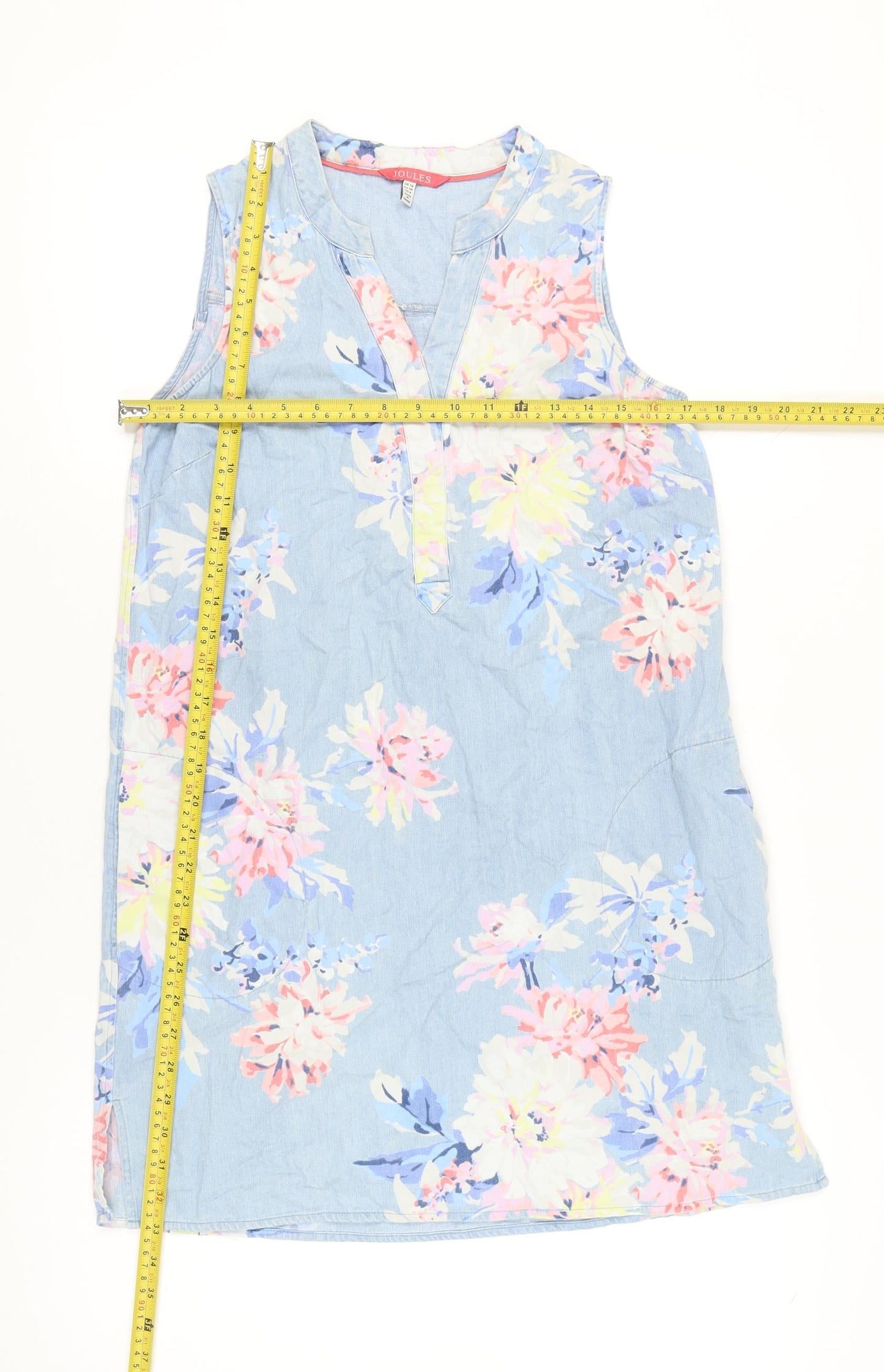 Joules Womens Blue Floral Cotton Shift Dress Size 10 Sleeveless V-Neck
