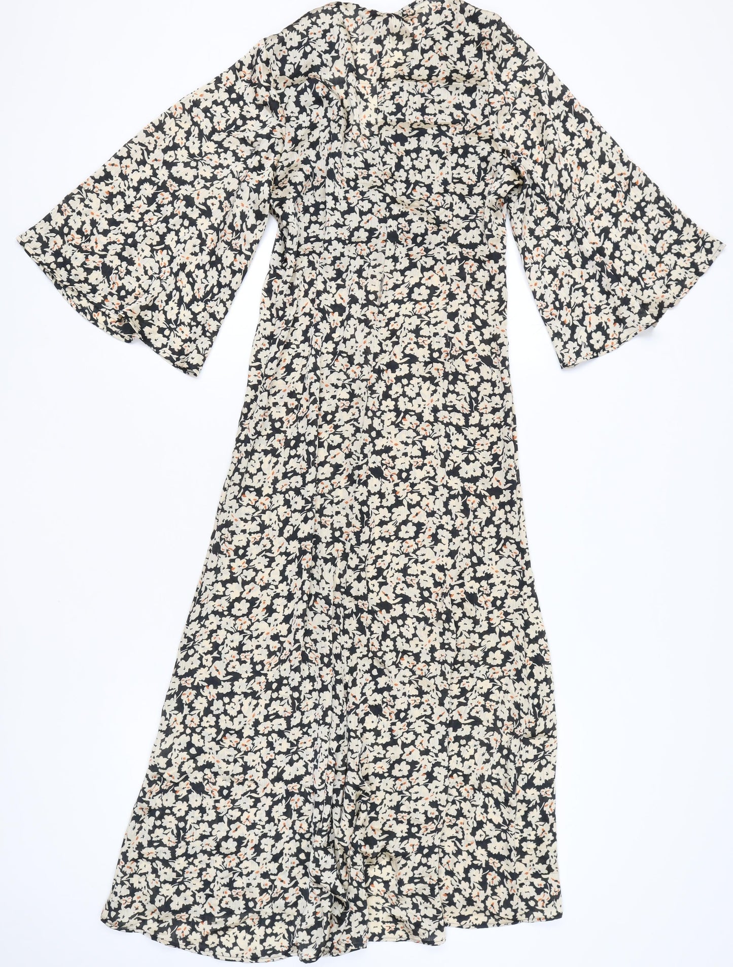 Zara Women’s Black White Floral Midi A-Line Dress Size S V-Neck