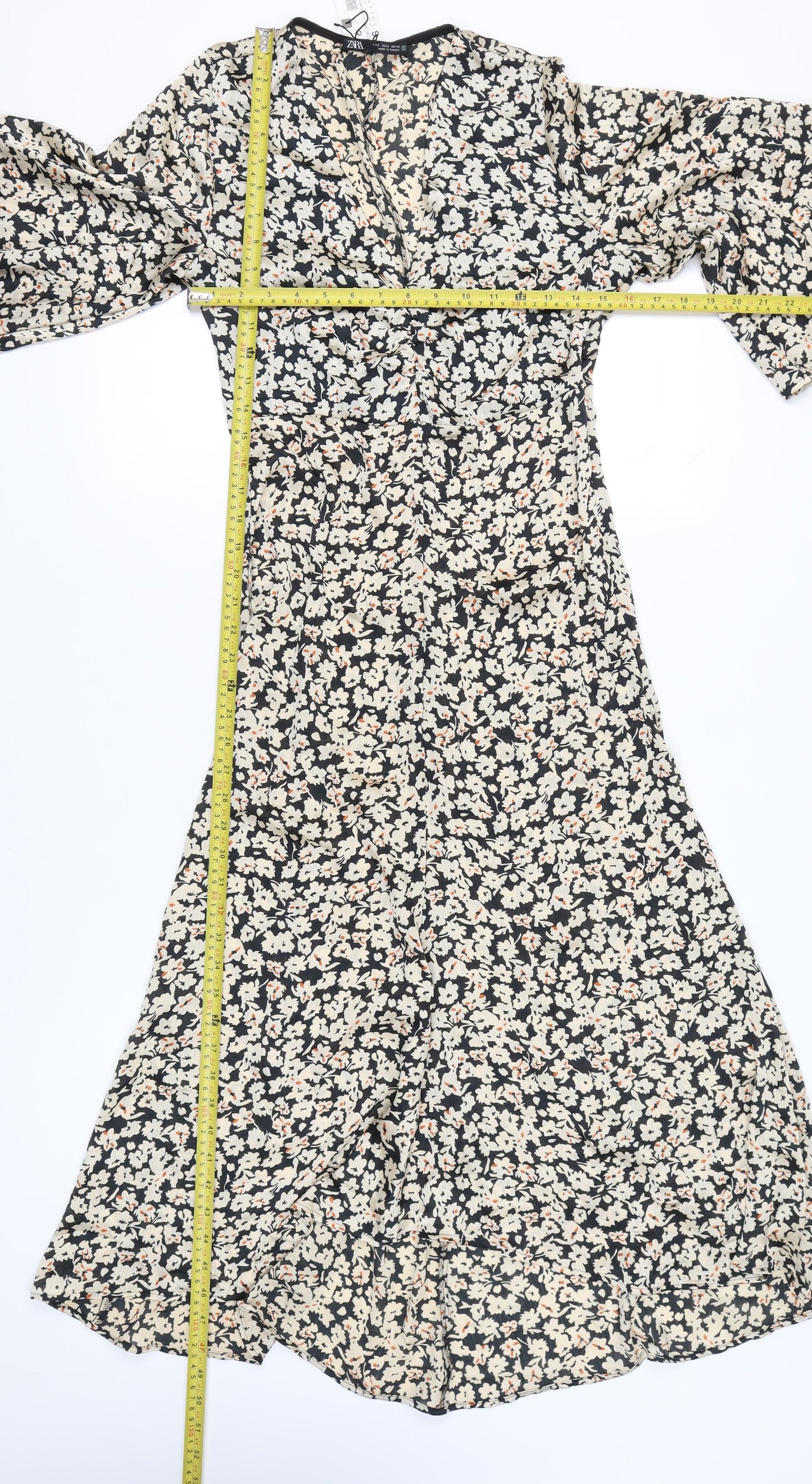 Zara Women’s Black White Floral Midi A-Line Dress Size S V-Neck