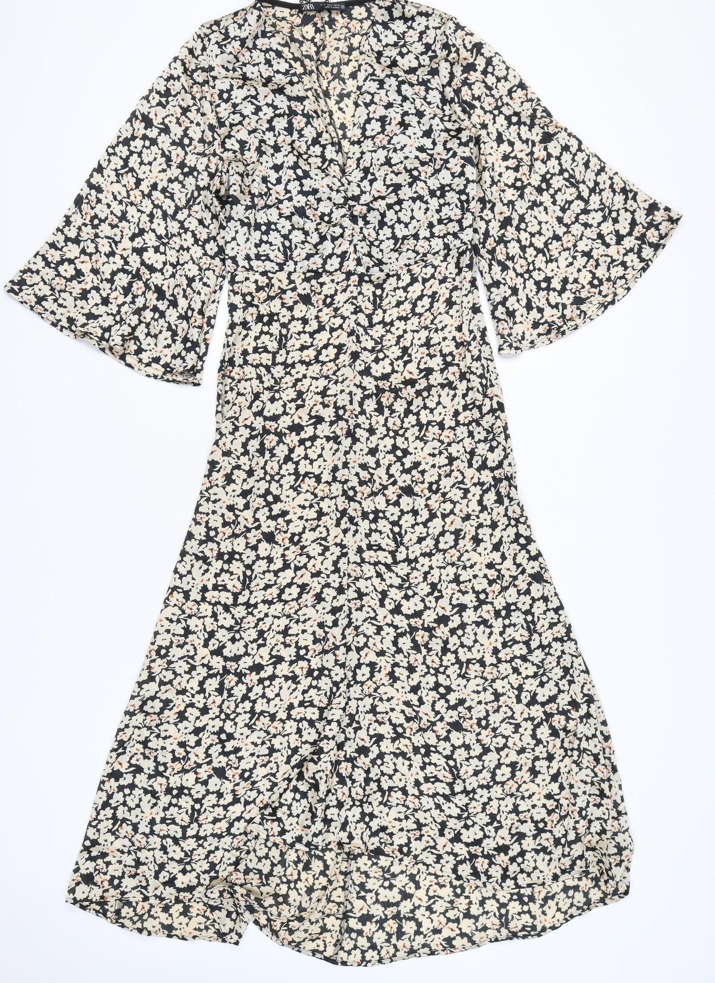 Zara Women’s Black White Floral Midi A-Line Dress Size S V-Neck