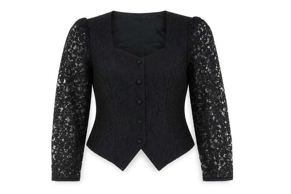 Vera Mont Women's Black Lace Blouse Size 14 Square Neck Puff Sleeve
