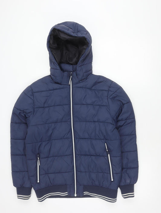 H&M Boys Blue Hooded Puffer Jacket 14 Years Quilted Winter Coat