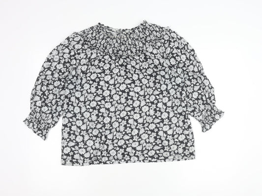Fat Face Womens Black Floral Cotton Blouse UK 12 Tunic Style 3/4 Sleeve