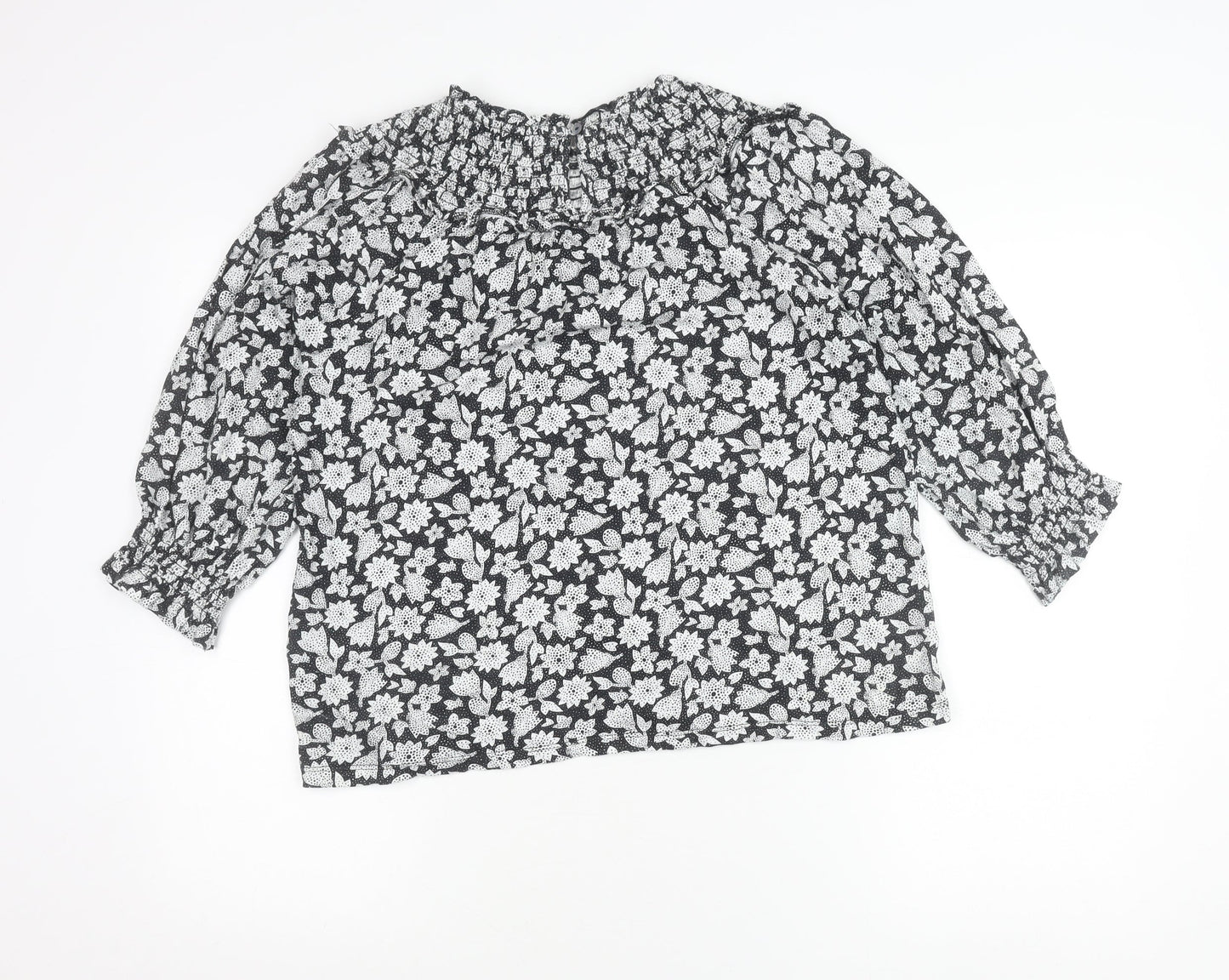 Fat Face Womens Black Floral Cotton Blouse UK 12 Tunic Style 3/4 Sleeve