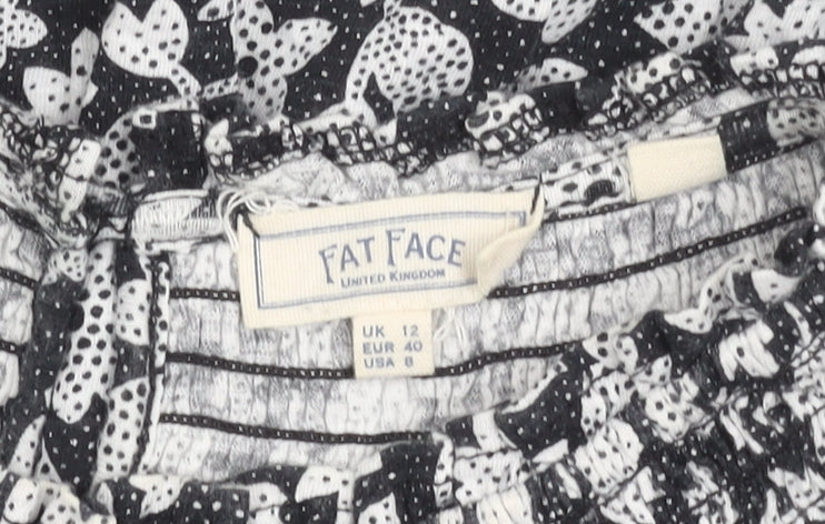 Fat Face Womens Black Floral Cotton Blouse UK 12 Tunic Style 3/4 Sleeve
