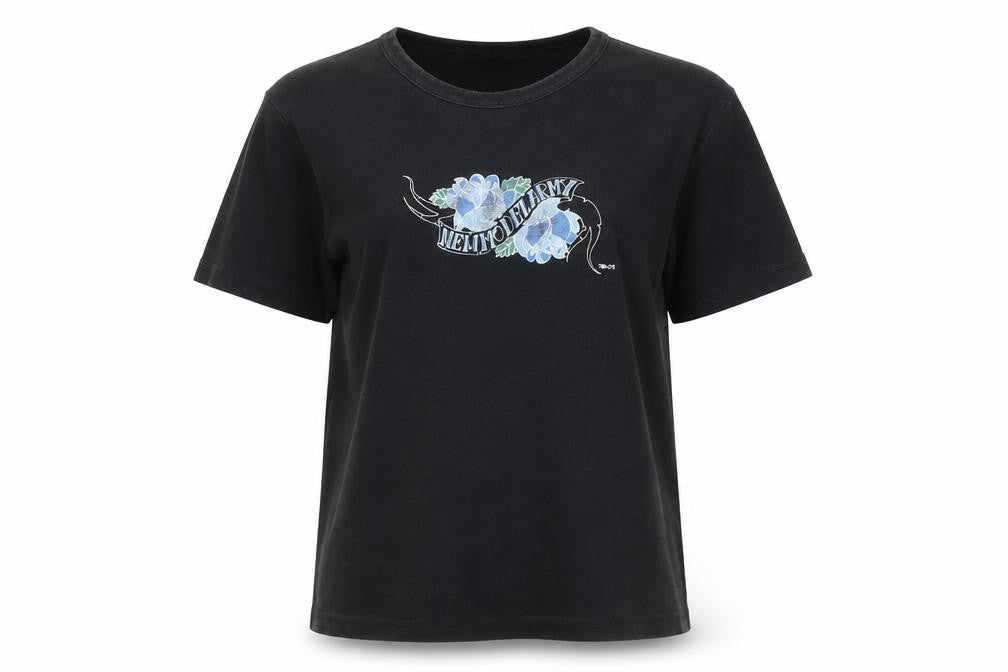 Russell Women Black L Embroidered Cotton Stretch T-Shirt