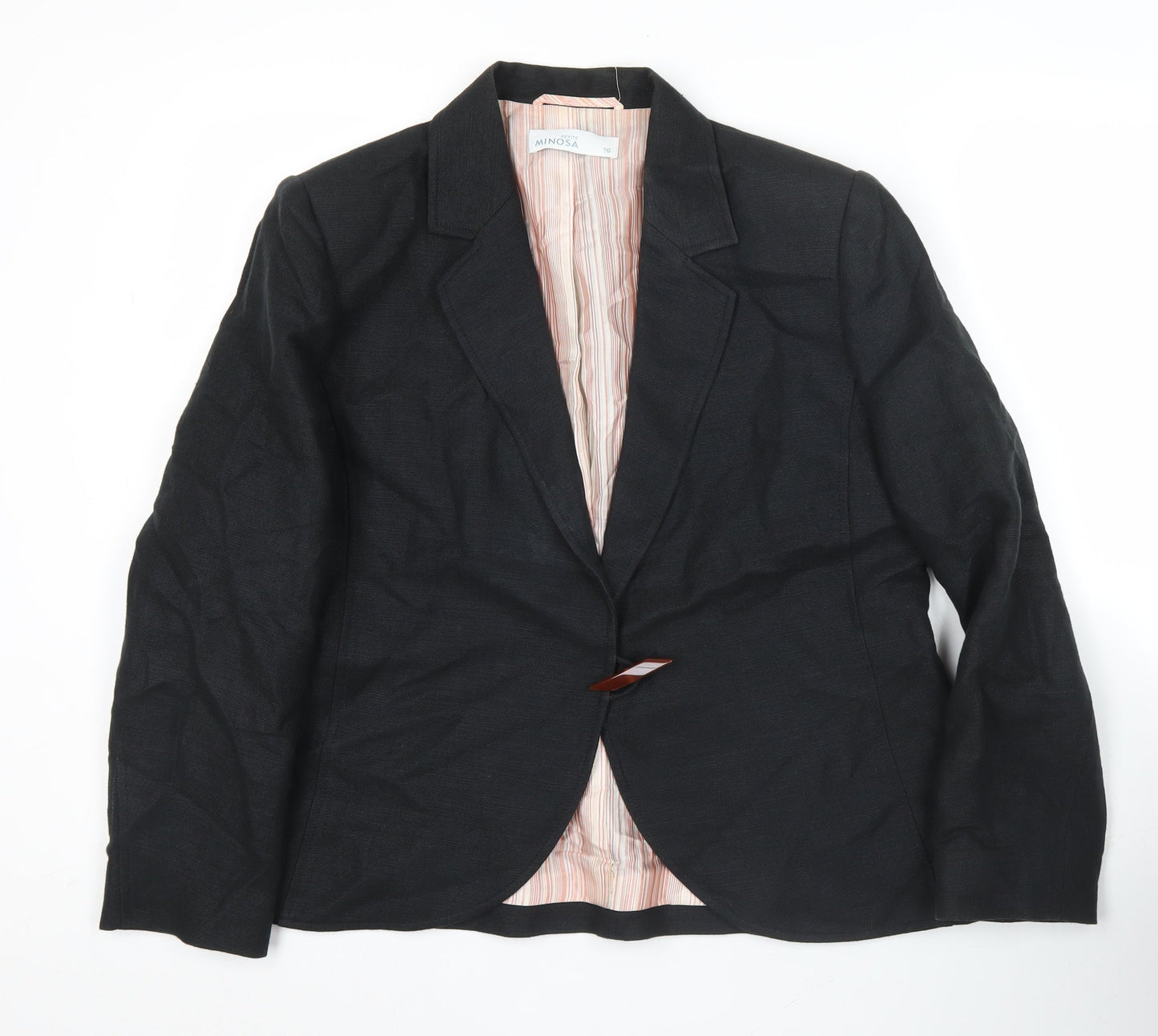 Minosa Petite Womens Black Blazer Size 16 Linen Cotton Work Jacket