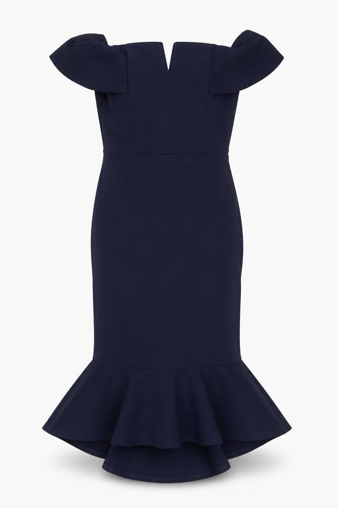 Quiz Women’s Navy Blue Size 12 Bodycon Ruffle Off Shoulder Dress