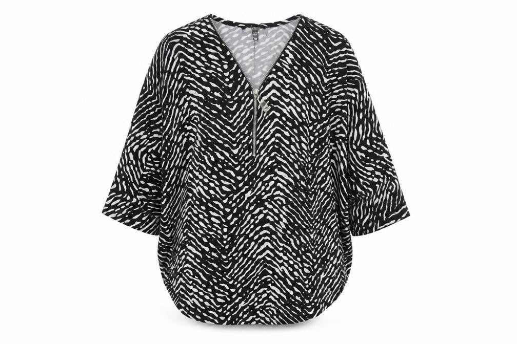 QED London Women’s Black Animal Print Zip Tunic Blouse S/M