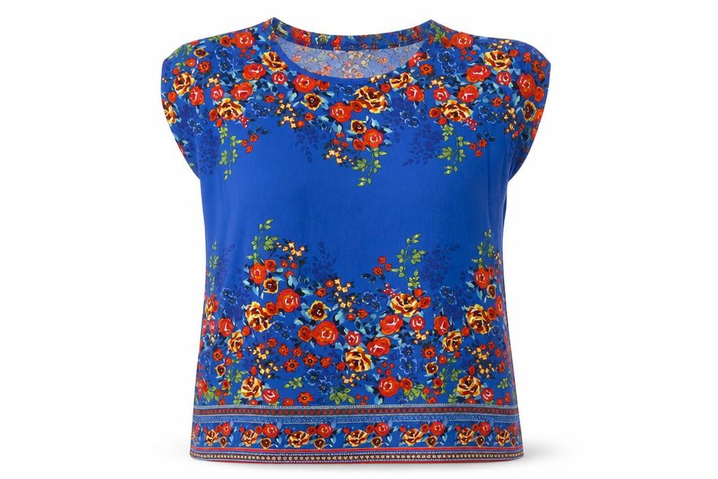 Front view of Papaya Women’s Blue Floral Sleeveless Blouse, size UK 16