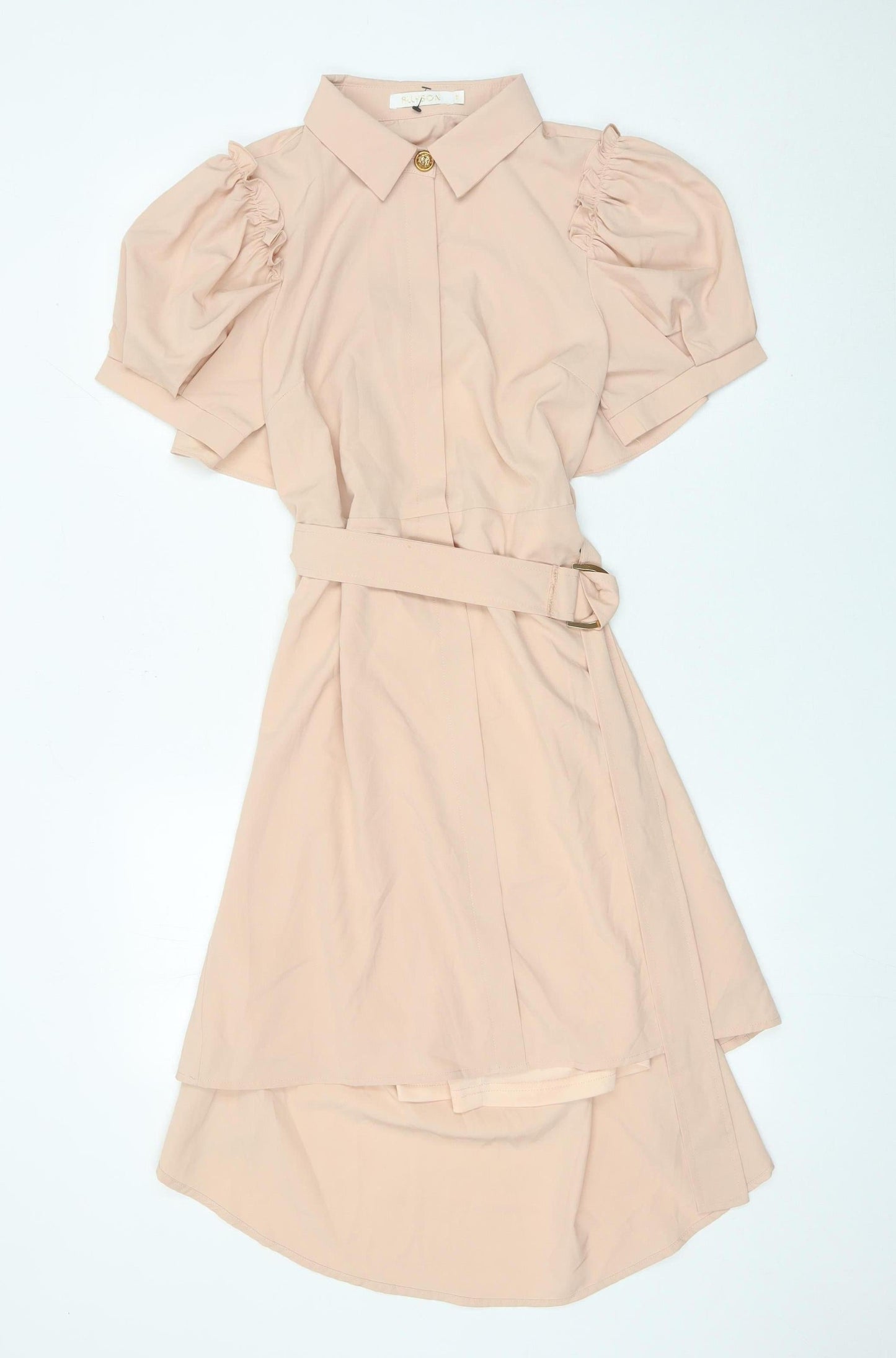 Allyson Women’s Beige Shirt Dress S Hi-Low Puff Sleeve Belted