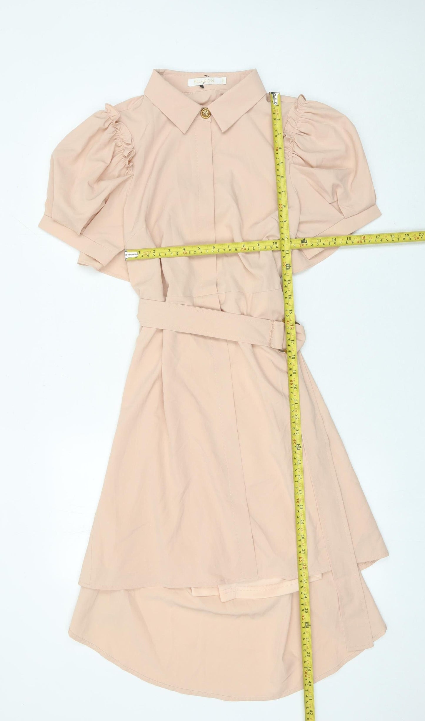 Allyson Women’s Beige Shirt Dress S Hi-Low Puff Sleeve Belted