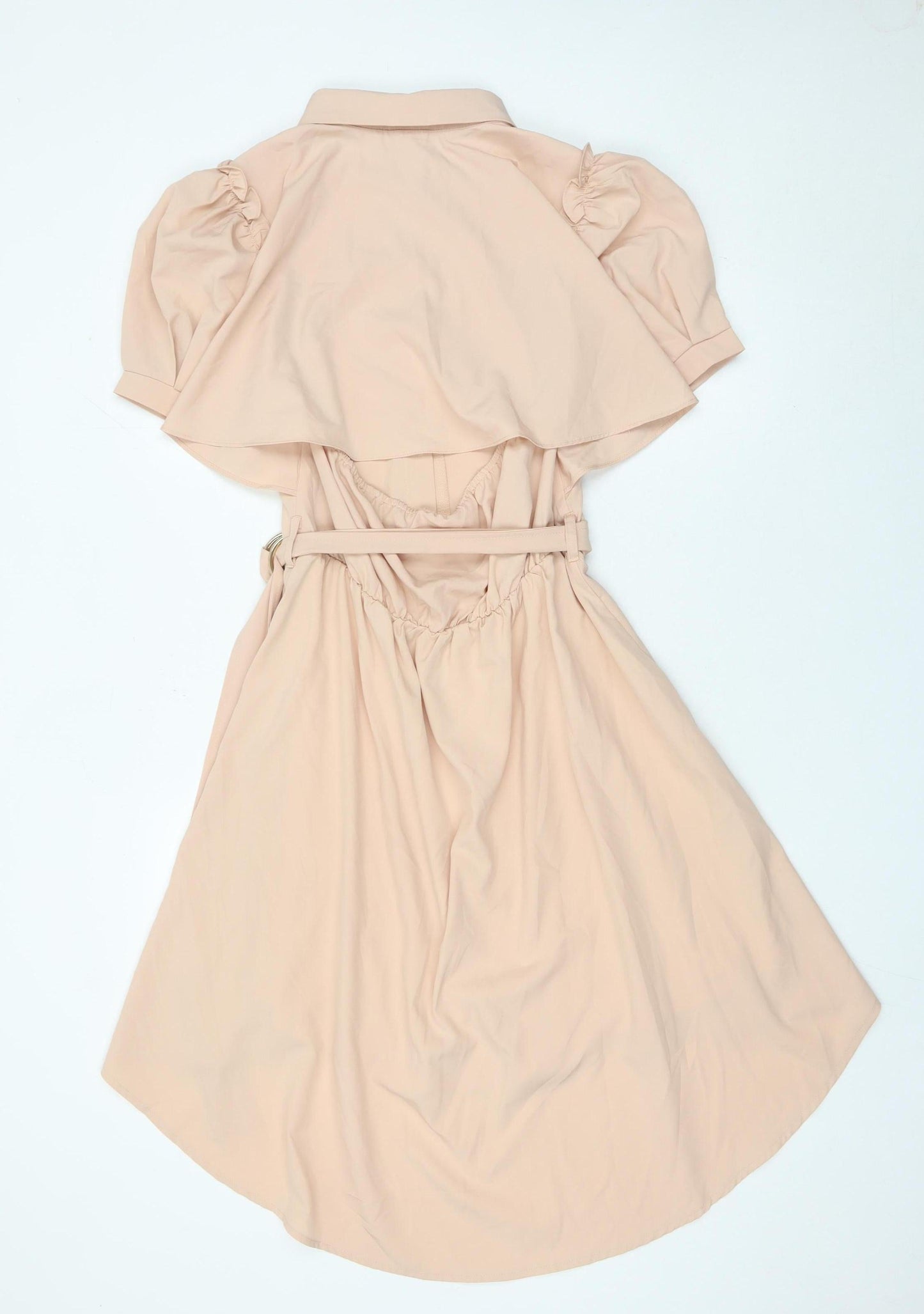 Allyson Women’s Beige Shirt Dress S Hi-Low Puff Sleeve Belted