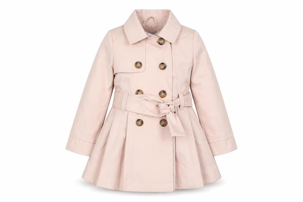 Front view of Tahari girls’ pink trench coat 2 years double breasted belted
