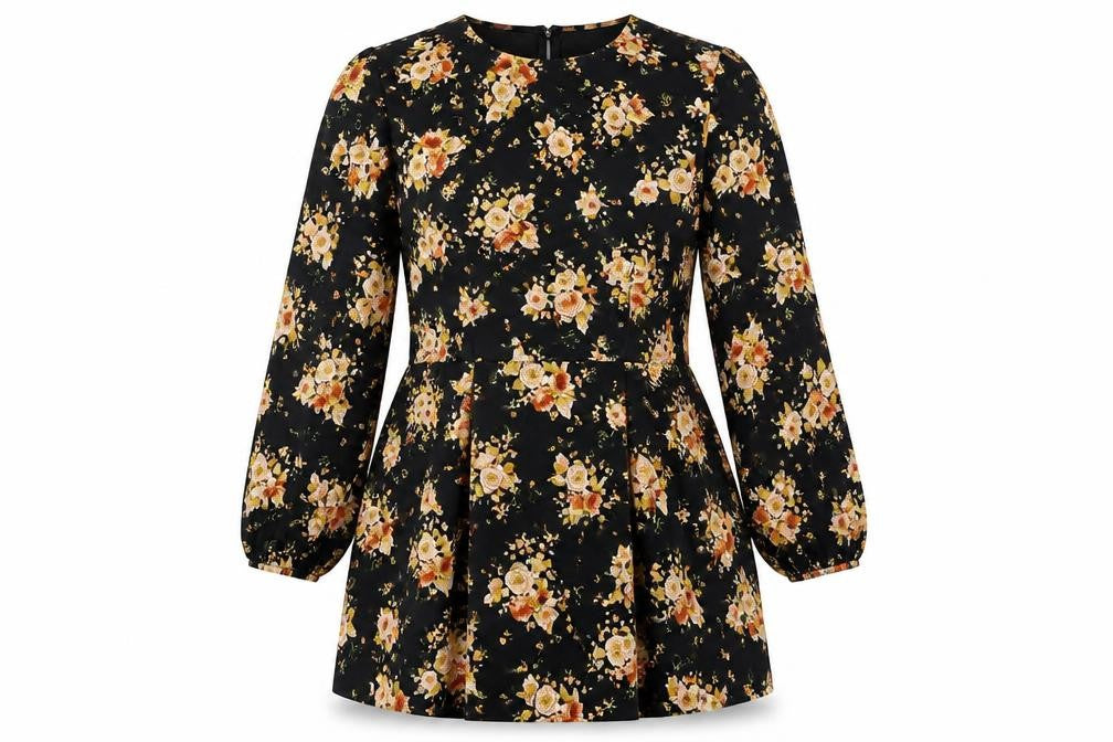 Zara Women’s Black Floral A-Line Dress Size 14 Long Sleeve Viscose